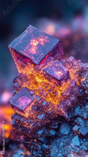 A vibrant close-up of crystalline formations displaying shades of purple and orange, highlighting the beauty of mineral structures.