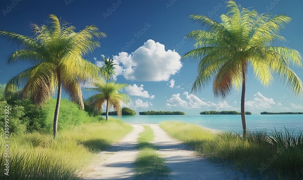 Obraz premium Tropical paradise pathway with palm trees leading to a serene ocean view