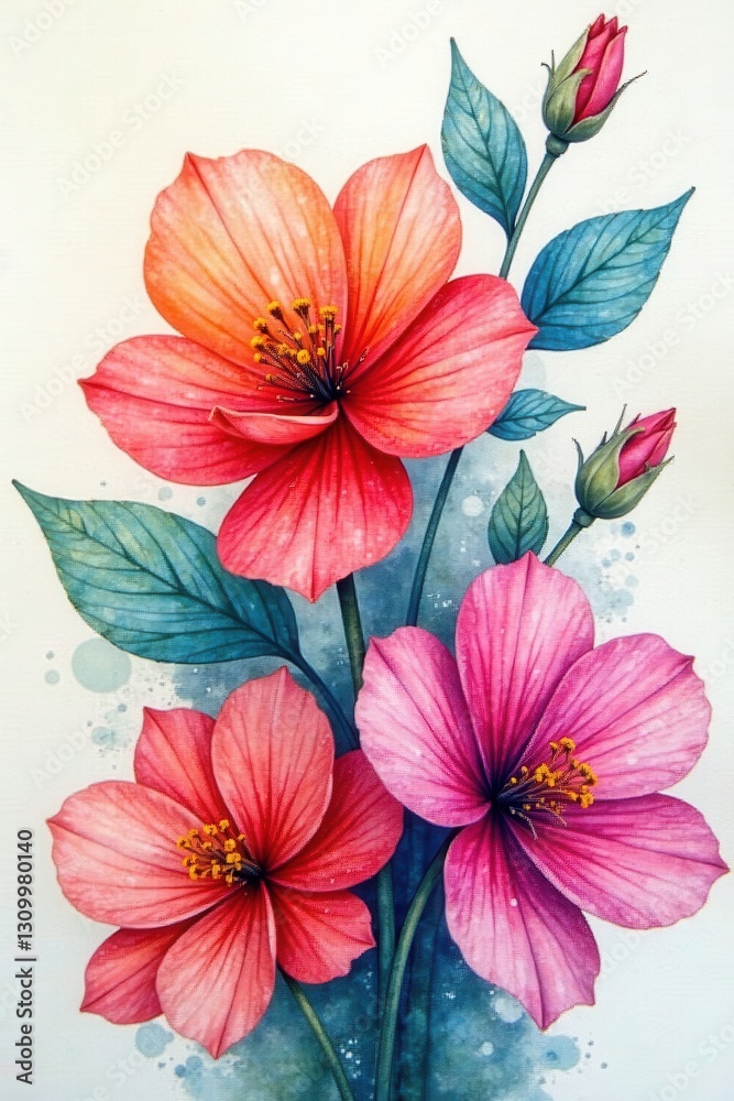 custom made wallpaper toronto digitalIntense, vibrant watercolor blooms with sharp edges, blue, art, scarlet
