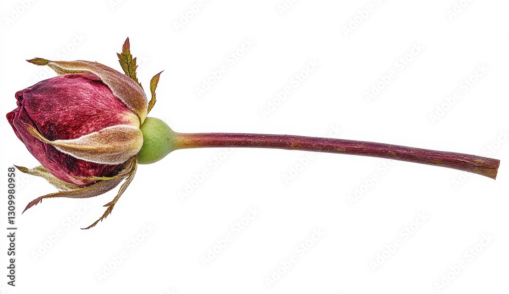 Fototapeta premium Dark Red Rose Bud on White Background Close Up Studio Shot