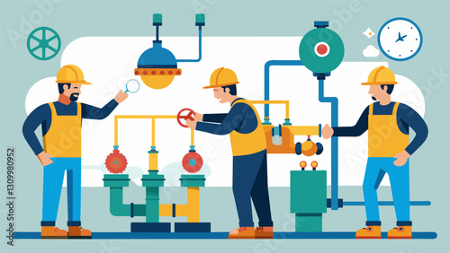 Workers installing a series of valves and pressure gauges to control the flow of water through the system.. Vector illustration