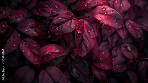 water drops of dark maroon leaves background