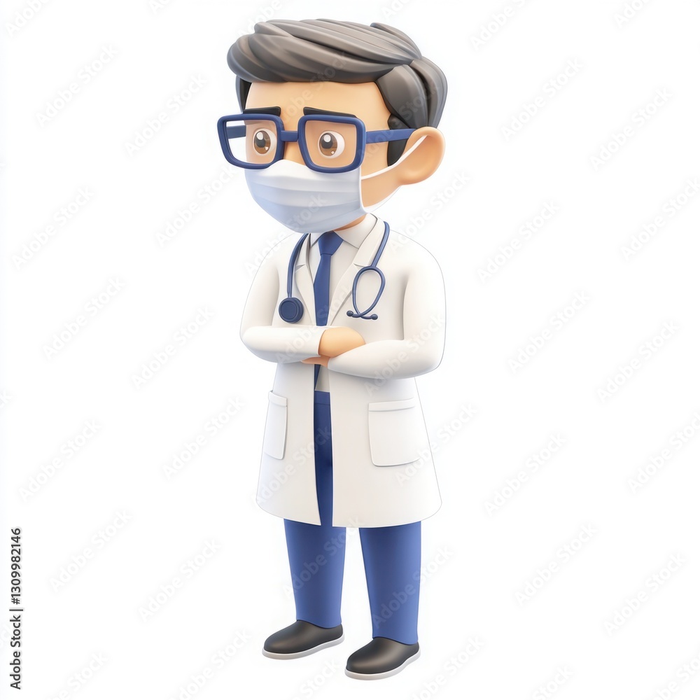 Cartoon doctor character with glasses and surgical mask standing confidently with arms crossed, wearing a white coat and stethoscope in a white background Cartoon doctor character with glasses and surgical mask standing confidently with arms crossed, wearing a white coat and stethoscope in a white background