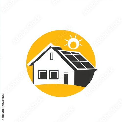 Modern Home with Solar Panels and Sun Icon Designed in Flat Minimalist Style for Eco-Friendly Living and Sustainable Energy Solutions