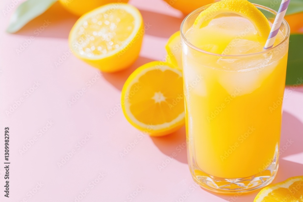 Refreshing glass of freshly squeezed orange juice with ice and lemon slices on a sunny summer day Refreshing glass of freshly squeezed orange juice with ice and lemon slices on a sunny summer day