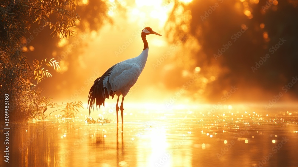 Fototapeta premium Golden sunrise illuminates graceful crane wading water