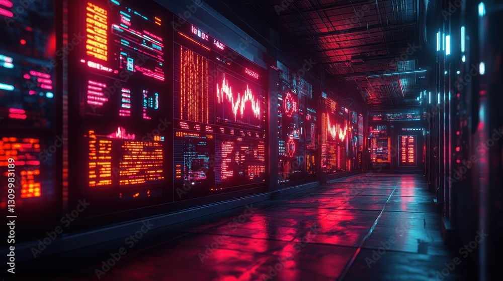 Neon-lit corridor displays futuristic data streams. Neon-lit corridor displays futuristic data streams.