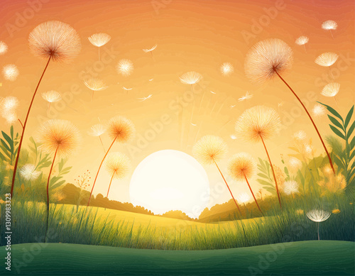 A whimsical vector garden background filled with floating dandelion seeds