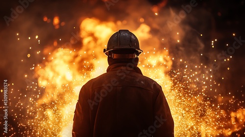 A Hard Hat Wearing Worker Observing A Fiery Explosion