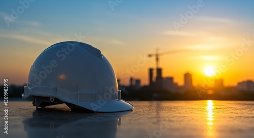 Hard hat on constructions site at sunset. Safety construction concept for building industry and civil engineering. Occupational health and safety for worker