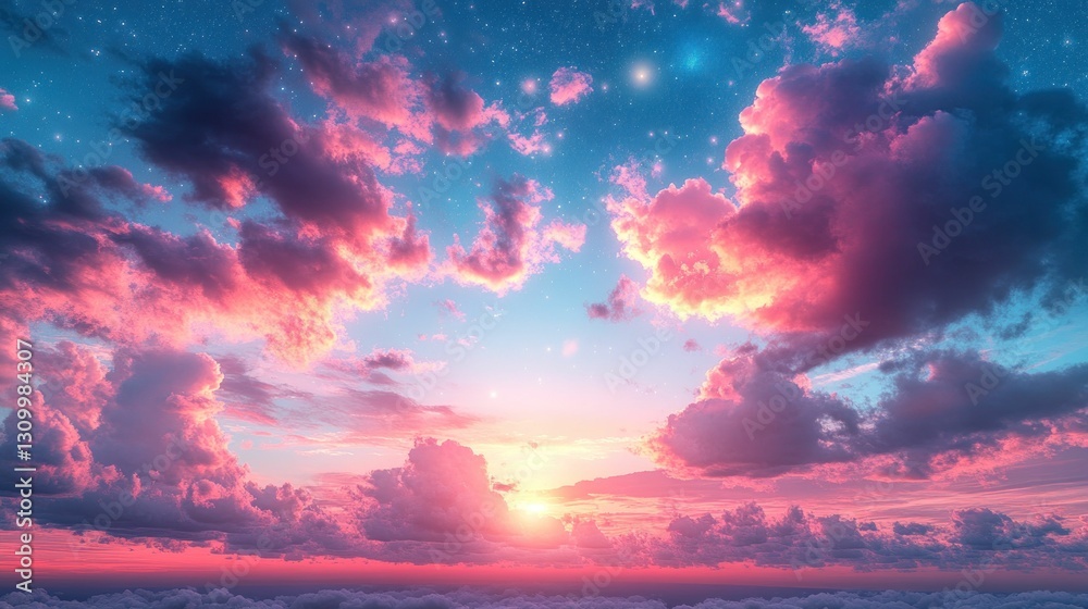 Fototapeta premium Pink sunset cloudscape, starry night sky above