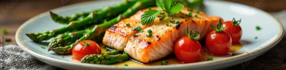 Baked salmon, asparagus, & cherry tomatoes, fresh herbs , fresh, garnish Baked salmon, asparagus, & cherry tomatoes, fresh herbs , fresh, garnish