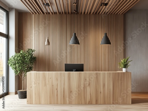 A modern reception desk surrounded by wood accents and plants