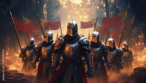 A group of armored knights marches confidently through a magical forest, banners fluttering.