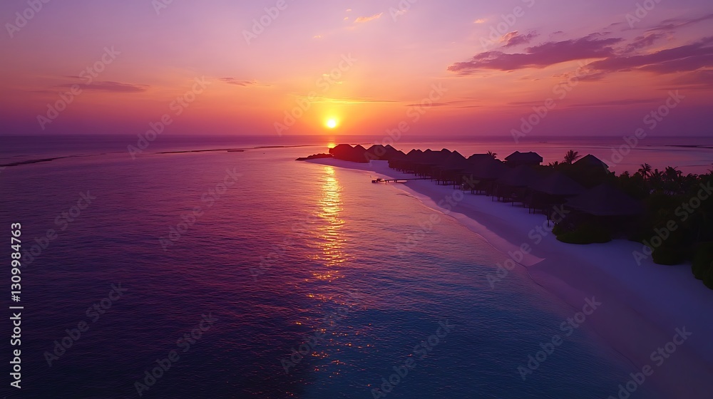 Fototapeta premium Aerial Sunset View of Tropical Island Resort
