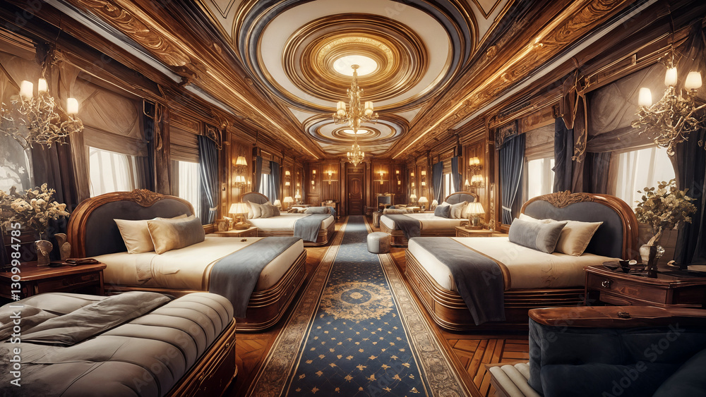 Fototapeta premium Inside the train's bedroom, the interior is decorated in a luxurious style.