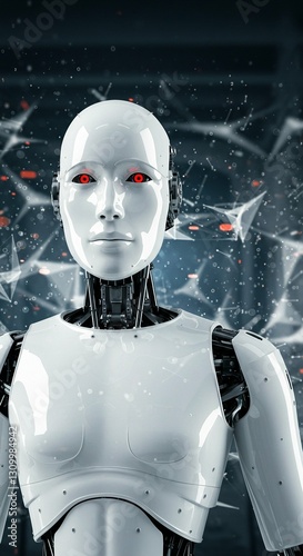 Woman robot with red eyes. Artificial intelligence innovative technology for marketing campaign. Cybernetic modern design for future presentation.