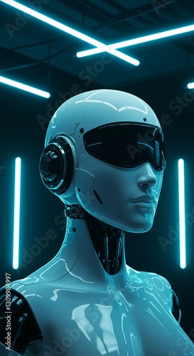 Beautiful cyber woman in dark room with illuminating neon lights, modern robotics technology for futuristic concept and artificial intelligence development