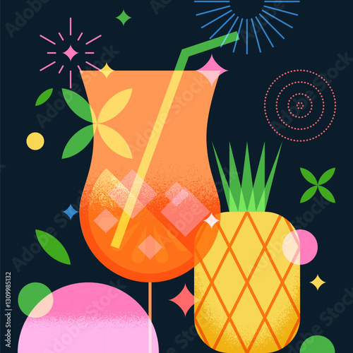 Bar banner, poster with cocktail and pineapple. Night party vector illustration. Alcoholic, non-alcoholic drinks menu
