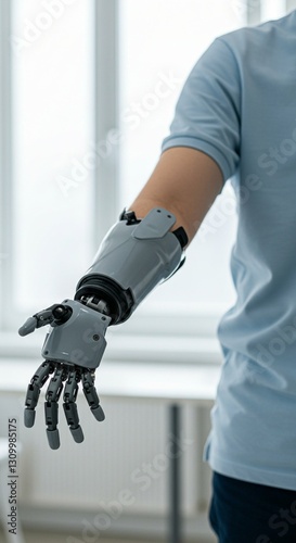 Man with mechanical prosthetic arm. Rehabilitation and modern bionic technologies for people with disabilities. Robotic innovations. Cybernetic limb for everyday life.