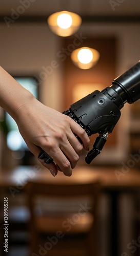 Close up of a caucasian woman's hand holding a robotic arm. Technology and humanity convergence. Artificial intelligence, future possibilities concept.