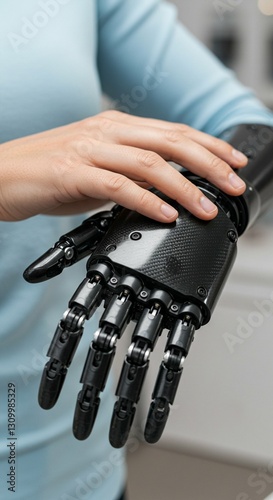 Woman with innovative bionic hand demonstrating advanced medical prosthesis. Technological solution for disabilities. Concept of healthcare and future assistive technology.