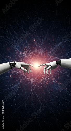 Ai touching hands, hi tech connection for technology, futurism, innovation, science, computing and data, machine learning, robotics, modern cyberspace future