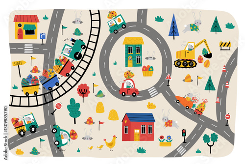 Cute Easter Egg hunt design. Cute little town map with bunnies driving cars, easter eggs, flowers, houses, trees, roads. Vector design in child style for Easter holiday cards and invitations.