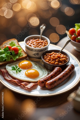 Wallpaper Mural Delicious breakfast spread featuring eggs, sausages, beans, and toast with fresh vegetables served in a cozy setting Torontodigital.ca