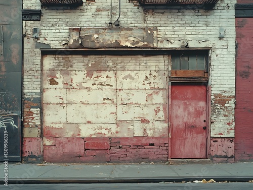 The dilapidated exterior wall of an urban storefront building