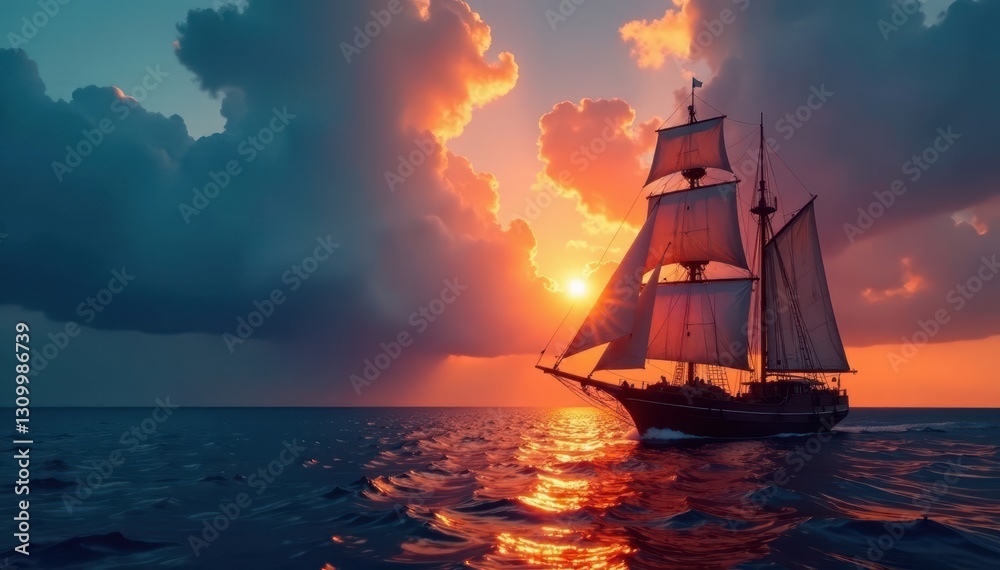 Fototapeta premium Silhouette of sailing ship against dramatic sky, maritime, graphic