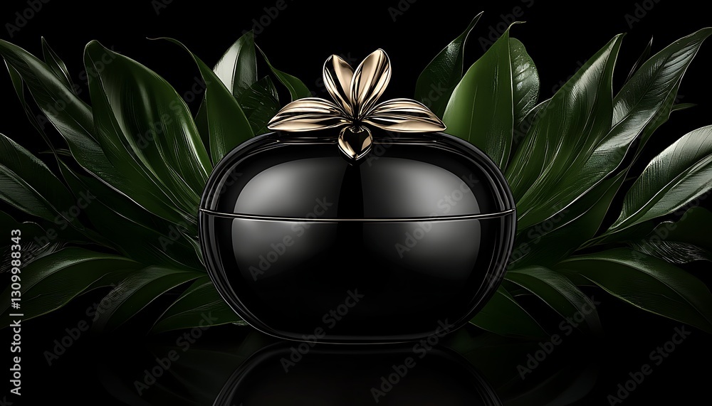 Black jar with gold design in a nature setting Black jar with gold design in a nature setting