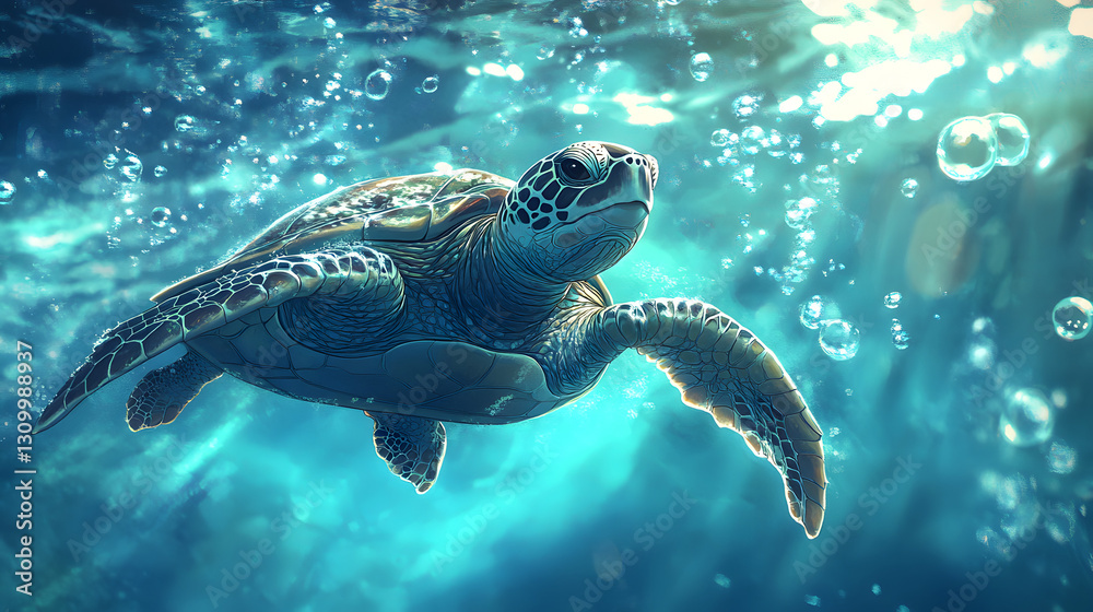 Fototapeta premium A close-up shot of an underwater view of the back half of a sea turtle swimming in crystal-clear water 