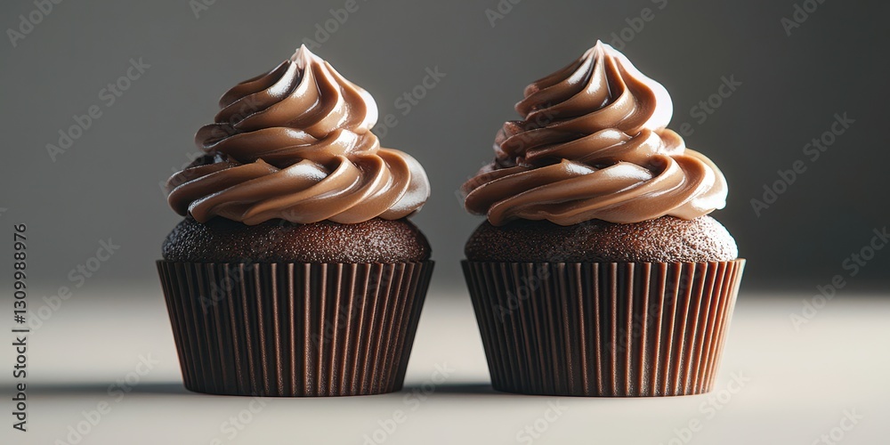 Chocolate cupcakes with swirls of frosting on a neutral background highlighting sweet culinary art Chocolate cupcakes with swirls of frosting on a neutral background highlighting sweet culinary art