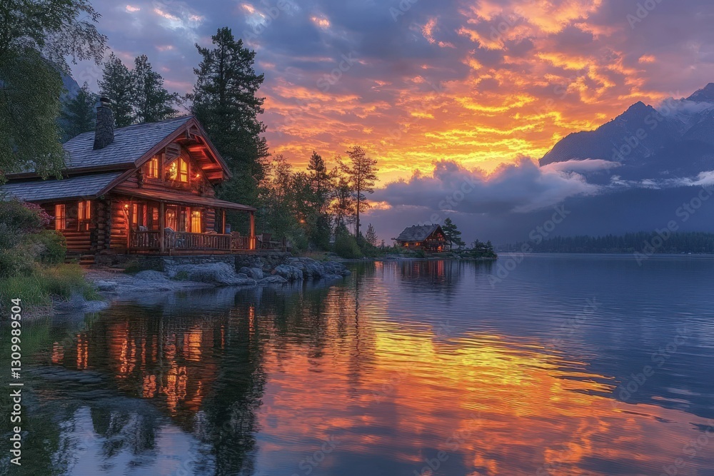 Lakeside cabins glow sunset's fiery reflection. Lakeside cabins glow sunset's fiery reflection.