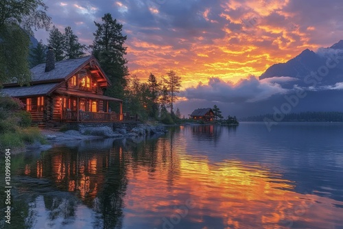 Lakeside cabins glow sunset's fiery reflection.