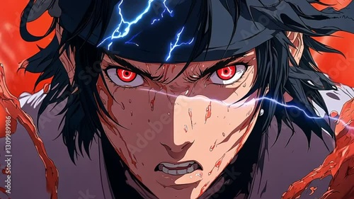 Anime character, intense expression, bloody battle scene, possible use in gaming or media