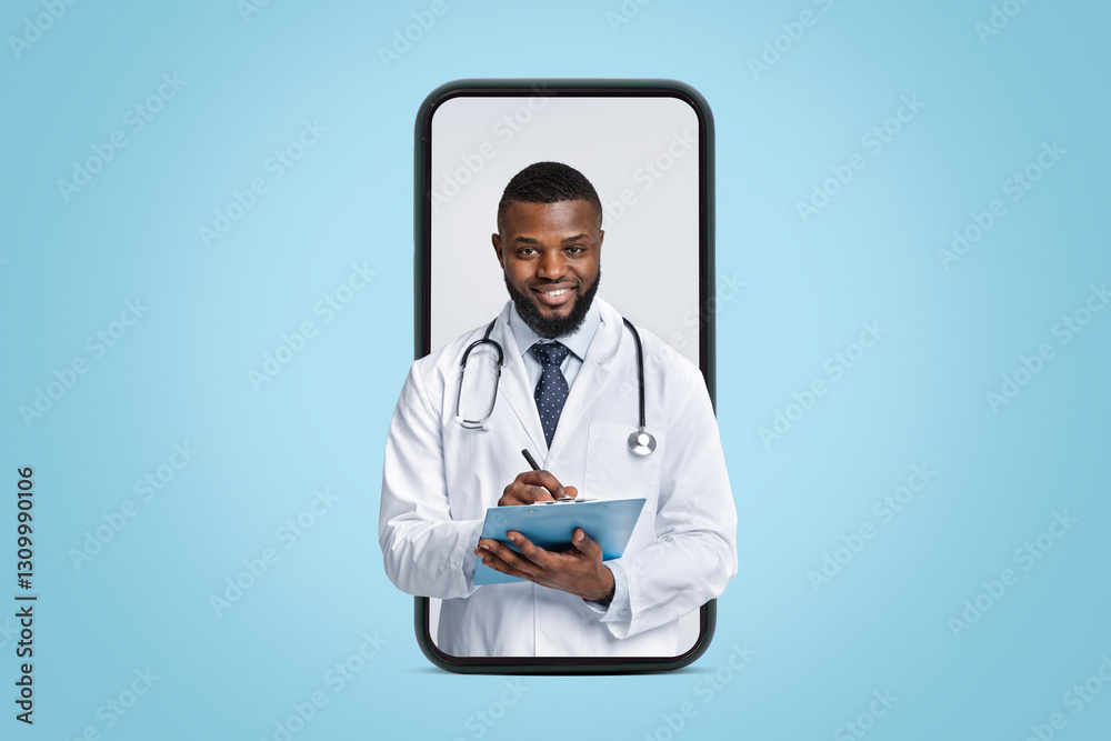 Fototapeta premium Positive black doc in white robe with stethoscope collecting patient anamnesis over white