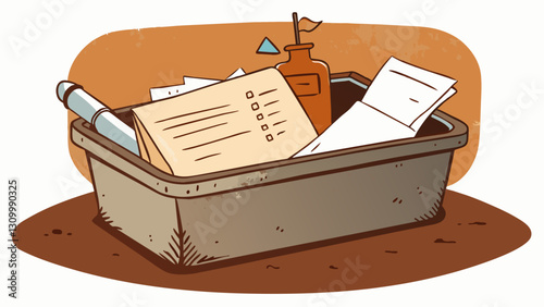 Pages upon pages of handwritten notes sketches and musings carefully preserved within a rusted metal container awaiting a glimpse into the past.. Vector illustration