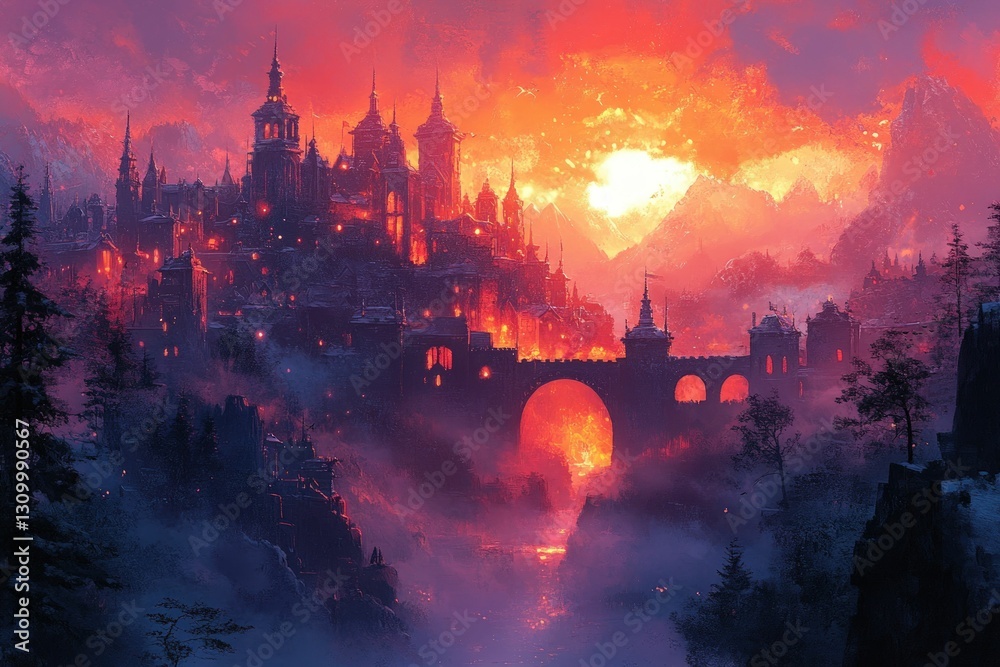 Fototapeta premium Fiery sunset illuminates snow-covered castle town.