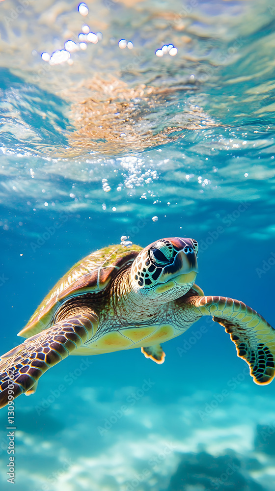 Obraz premium A close-up shot of an underwater view of the back half of a sea turtle swimming in crystal-clear water 