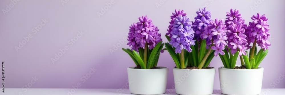 Vibrant purple hyacinth blooms in simple white pots , ceramic, spring Vibrant purple hyacinth blooms in simple white pots , ceramic, spring