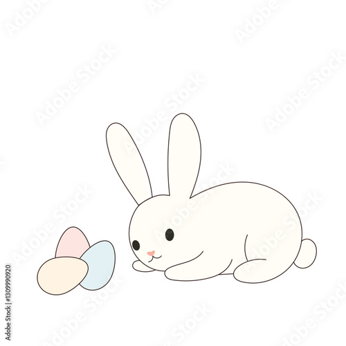 Cute Drawn Easter Bunny Character. Doodle baby Rabbit Kawaii Funny Outline Animal. Happy Easter  Holiday Greeting Card Design Element. White Rabbit Mascot. Greeting Gift Simple Art.