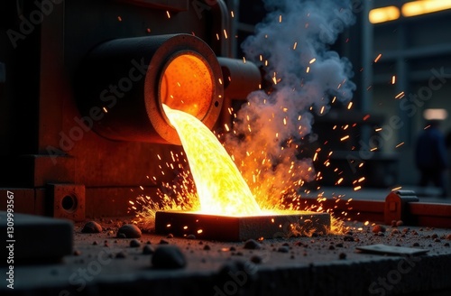 Industrial metal casting process with molten metal in foundry