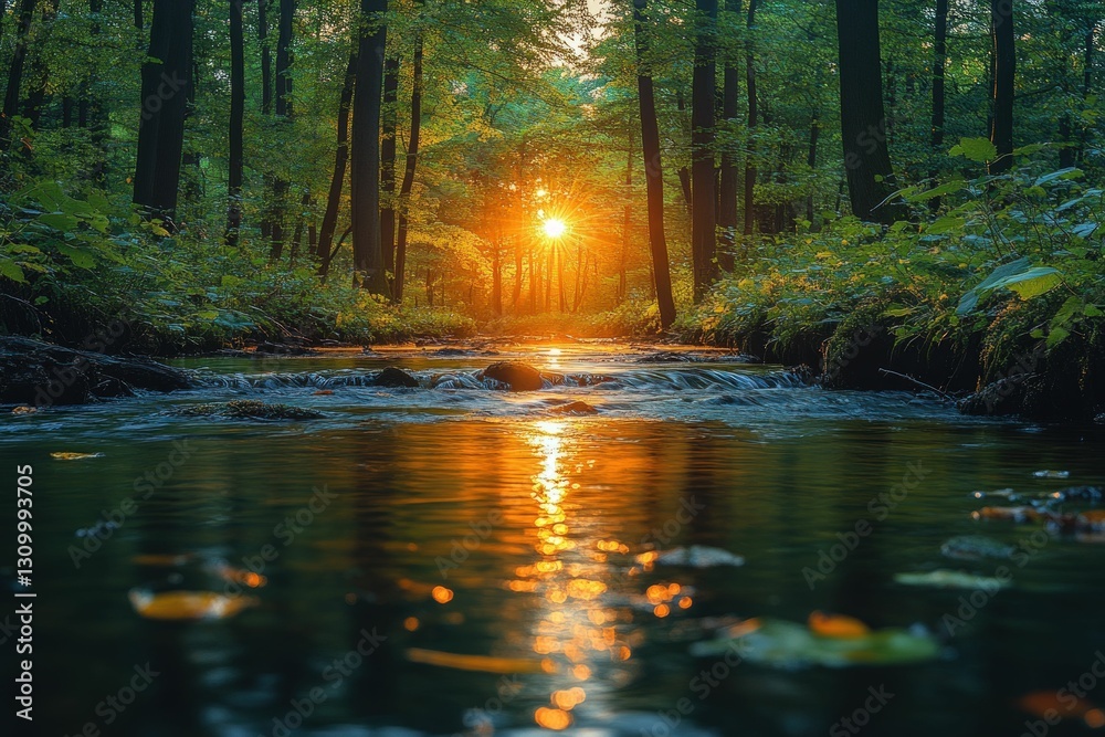 Obraz premium Golden sunset illuminates tranquil forest stream