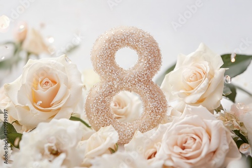 A glittering number eight with sparkling details, elegantly placed among soft ivory and peach roses, symbolizing femininity, grace, and the spirit of International Women's Day
