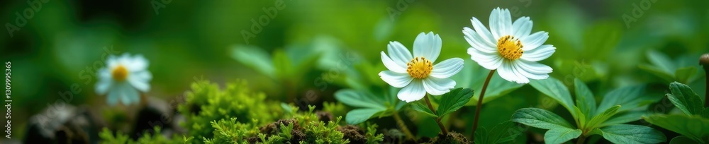 Fototapeta premium Foliage and delicate white flowers on Anemone nemorosa, Forest Floor, Floral
