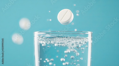 A fizzy tablet dissolving in water, close-up view against a blue backdrop.
 