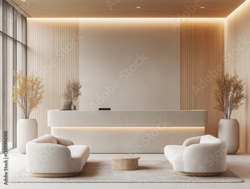 An elegant modern reception area with neutral color scheme design
