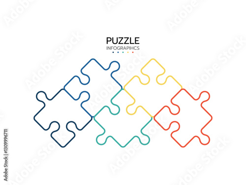 Thinline infographics. Concept with 5 pieces of puzzle. Jigsaw business chain infographic. Process diagram presentation. Vector illustration.
